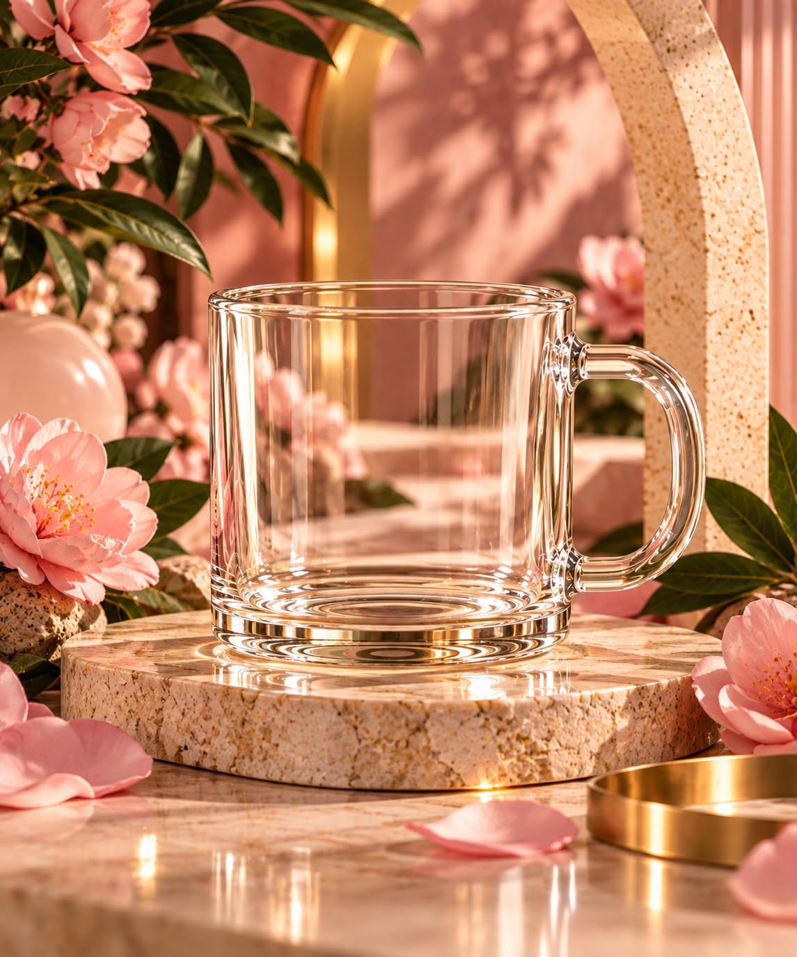Pure Measure Glass, taza de cristal transparente con asa y base gruesa, en un arreglo floral rosado con detalles dorados